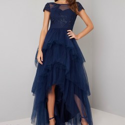 Абитуриентска Дълга Бална Рокля Тъмносин Цвят Волани