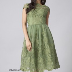 Бална Къса Рокля Зелен Цвят Бродерии Дантела