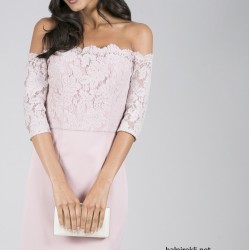 Елегантна Права Рокля Розов Цвят Дантела Деколте