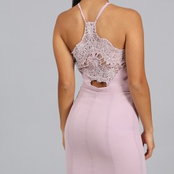Елегантна Права Къса Рокля Гръб Дантела Цвят Пастел
