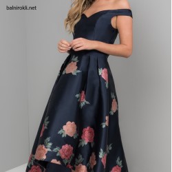 Бална Тъмносиня Официална Дълга Рокля Флорален Принт