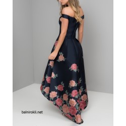 Бална Тъмносиня Официална Дълга Рокля Флорален Принт