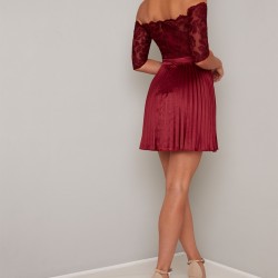 Бална Къса Рокличка Пола Плисе и Дантела Тъмночервена
