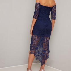 Дантелена Официална Тъмносиня Рокля Средна Дължина Ръкави