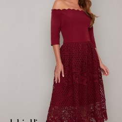 Елегантна Официална Рокля Бордо Средна Дължина Дантела Елегантна Официална Рокля Бордо Средна Дължина Дантела
