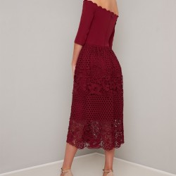 Елегантна Официална Рокля Бордо Средна Дължина Дантела Елегантна Официална Рокля Бордо Средна Дължина Дантела