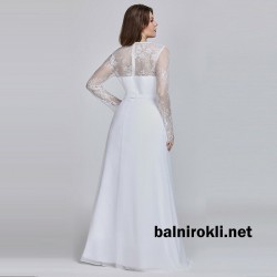 Абитуриентска Бяла Дълга Рокля Шифон и Дантела Ръкави Абитуриентска Бяла Дълга Рокля Шифон и Дантела Ръкави