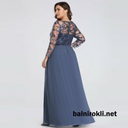 Бална Дълга Синя Рокля Шифон Ръкави Дантела Макси Размери Бална Дълга Синя Рокля Шифон Ръкави Дантела Макси Размери