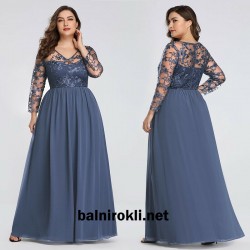 Бална Дълга Синя Рокля Шифон Ръкави Дантела Макси Размери Бална Дълга Синя Рокля Шифон Ръкави Дантела Макси Размери