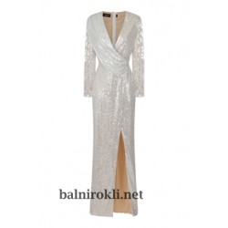 Блестяща Дълга Официална Рокля Сребриста Дълги Ръкави
