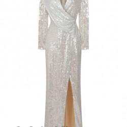 Блестяща Дълга Официална Рокля Сребриста Дълги Ръкави