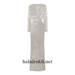 Блестяща Дълга Официална Рокля Сребриста Дълги Ръкави