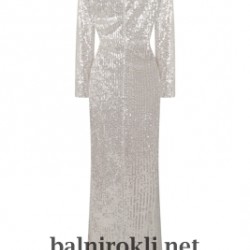 Блестяща Дълга Официална Рокля Сребриста Дълги Ръкави
