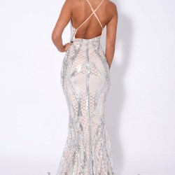 Бална Блестяща Луксозна Сребриста Рокля Русалка Гол Гръб