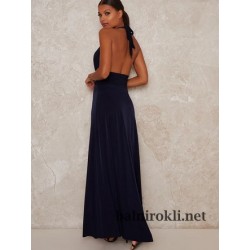 Дълга Официална Тъмносиня Рокля Гол Гръб