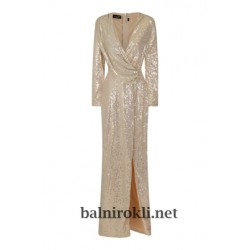 Блестяща Дълга Официална Рокля Златисто Шампанско Дълги Ръкави