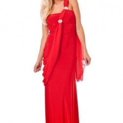 Дълга Червена Елегантна Рокля Драперия Стреч
