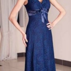 Дълга Тъмносиня Дантелена Вечерна Рокля