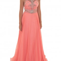 Абитуриентска Бална Дълга Рокля Корал Диаманти 