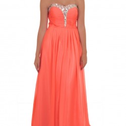Абитуриентска Бална Дълга Рокля Цвят Корал Диаманти