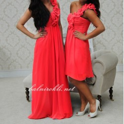 Абитуриентска Дълга/Къса Рокля Цвят Корал Едно Рамо Абитуриентска Дълга/Къса Рокля Цвят Корал Едно Рамо