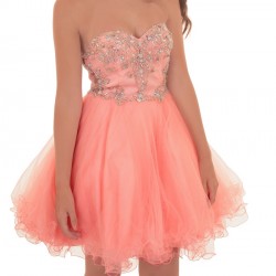 Абитуриентска Бална Къса Рокля Корал Диаманти