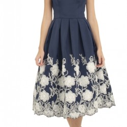 Елегантна Официална Тъмносиня Рокля Бели Цветя 1