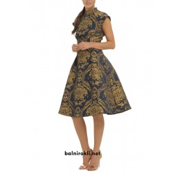 Елегантна Коктейлна Тъмносиня Рокля Ориенталски Детайли