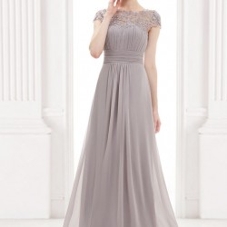 Дълга Елегантна Сива Рокля Шифон Дантела