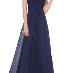 Дълга Елегантна Тъмносиня Рокля Шифон Дантела