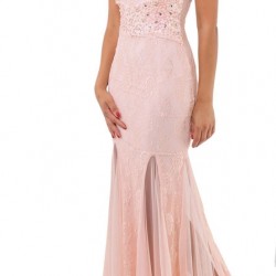 Дантелена Дълга Рокля Прасковен Цвят Декорации