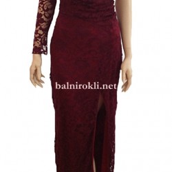 Дълга Дантелена  Вечерна Рокля Бордо