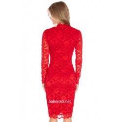 Дантелена Червена Коктейлна Рокля Средна Дължина