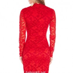 Дантелена Червена Коктейлна Рокля Средна Дължина