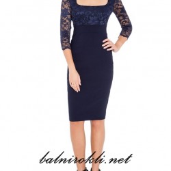 Дантелена Къса Официална Тъмносиня Рокля Деколте