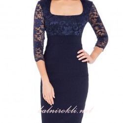 Дантелена Къса Официална Тъмносиня Рокля Деколте