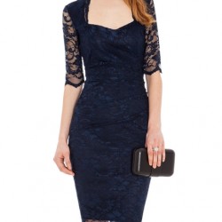 ДАНТЕЛЕНА Официална Къса Тъмносиня  Рокля  Къси Ръкави