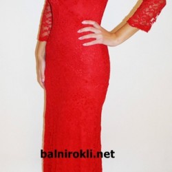 Дълга Червена Дантелена Официална Рокля Деколте