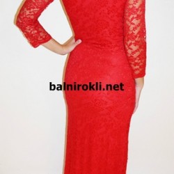 Дълга Червена Дантелена Официална Рокля Деколте