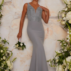 Дълга Сива Официална Рокля Бродерия