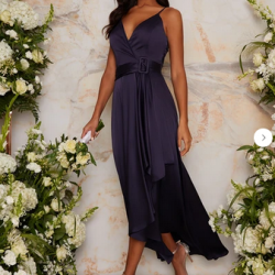 Асиметрична Бална Синя Класическа Рокля Сатен