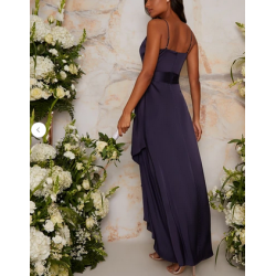 Асиметрична Бална Синя Класическа Рокля Сатен Асиметрична Бална Синя Класическа Рокля Сатен