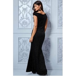 Дълга Черна Бална Рокля Кадифе с Блясък