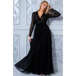 Дълга Официална Черна Рокля Блестящо Бюстие
