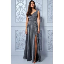 Дълга Сребриста Бална Рокля Цепка