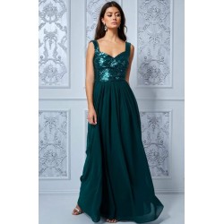 Елегантна Дълга Бална Тъмнозелена Рокля Блестящо Бюстие