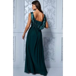 Елегантна Дълга Бална Тъмнозелена Рокля Блестящо Бюстие