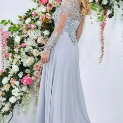 Дълга Вечерна Сива Рокля Шифон Декорация Дантела