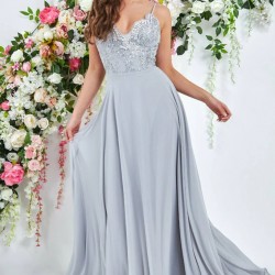 Дълга Вечерна Сива Рокля Шифон Бюстие 