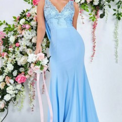 Дълга Вечерна Светлосиня Рокля Шифон Дантела